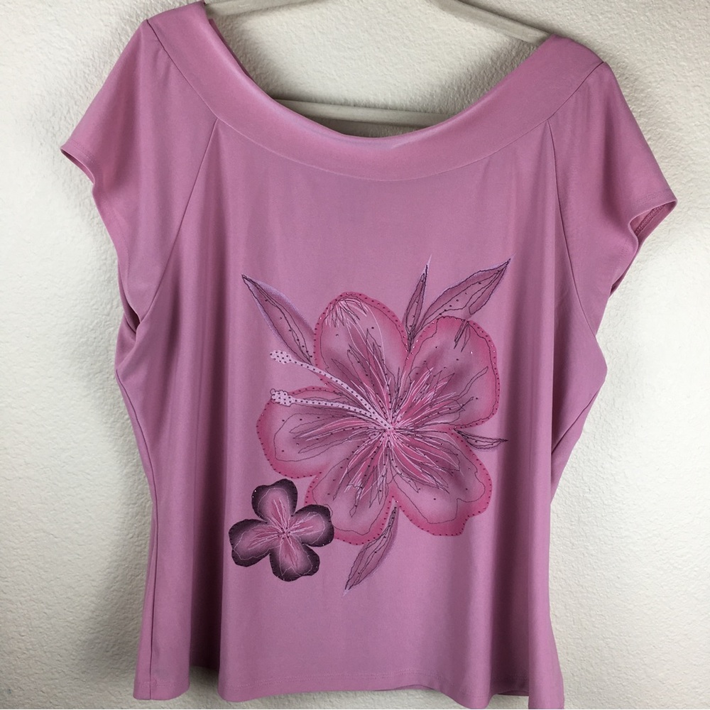 PS Women's Knit Top Pink Floral Short Sleeve Stretchy Size Large